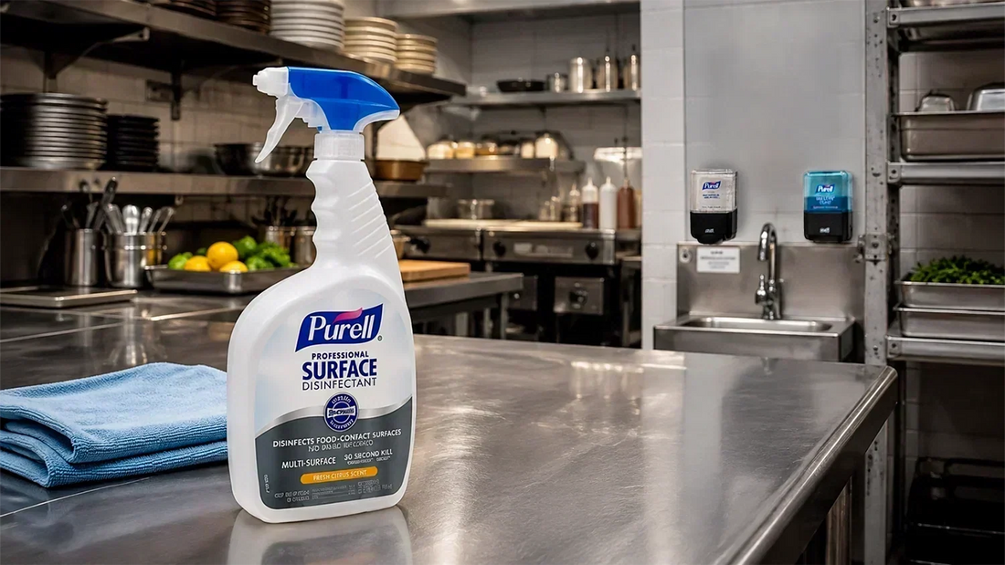 Cocina profesional con desinfectante de superficies Purell en primer plano y dispensadores de jabón y gel junto al lavabo