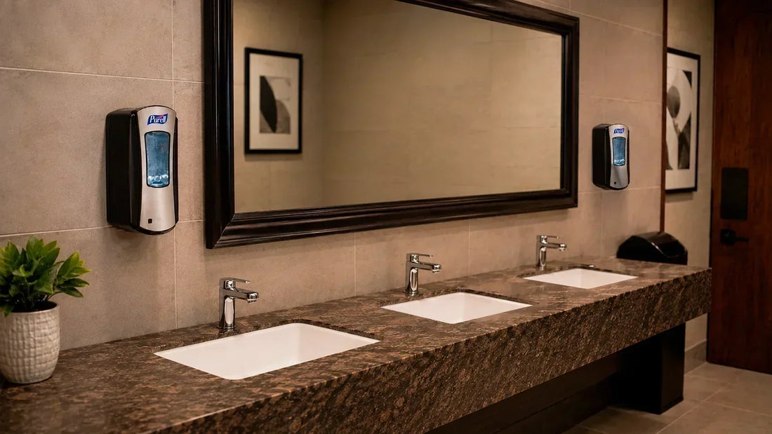 Baño de restaurante con varios lavabos y dispensador automático Purell LTX-12 instalado junto al espejo
