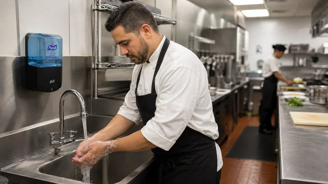 Chef lavándose las manos en una cocina industrial junto a un dispensador Purell Healthy Soap