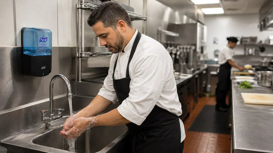 Chef lavándose las manos en una cocina industrial junto a un dispensador Purell Healthy Soap