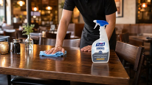 Mesero sanitizando una mesa de restaurante con spray Purell Foodservice sin enjuague